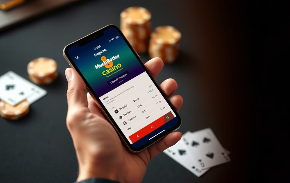 Person som bruker MuchBetter-appen for casino-innskudd på mobilen.
