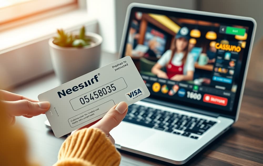 Person med Neosurf-kupong og laptop med casinoinnskudd