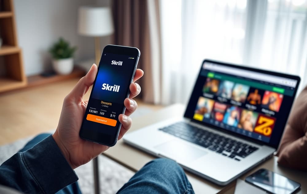 Person som bruker Skrill-appen på mobil for å sette inn penger på et nettcasino