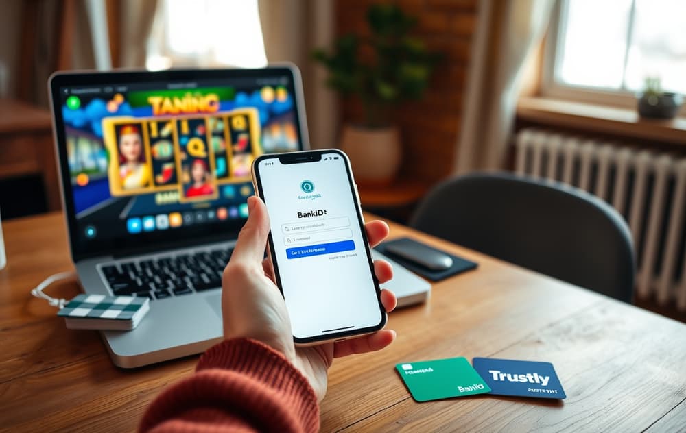 En person som logger inn med BankID på mobilen for et casinoinnskudd via Trustly, med en bærbar PC i bakgrunnen.