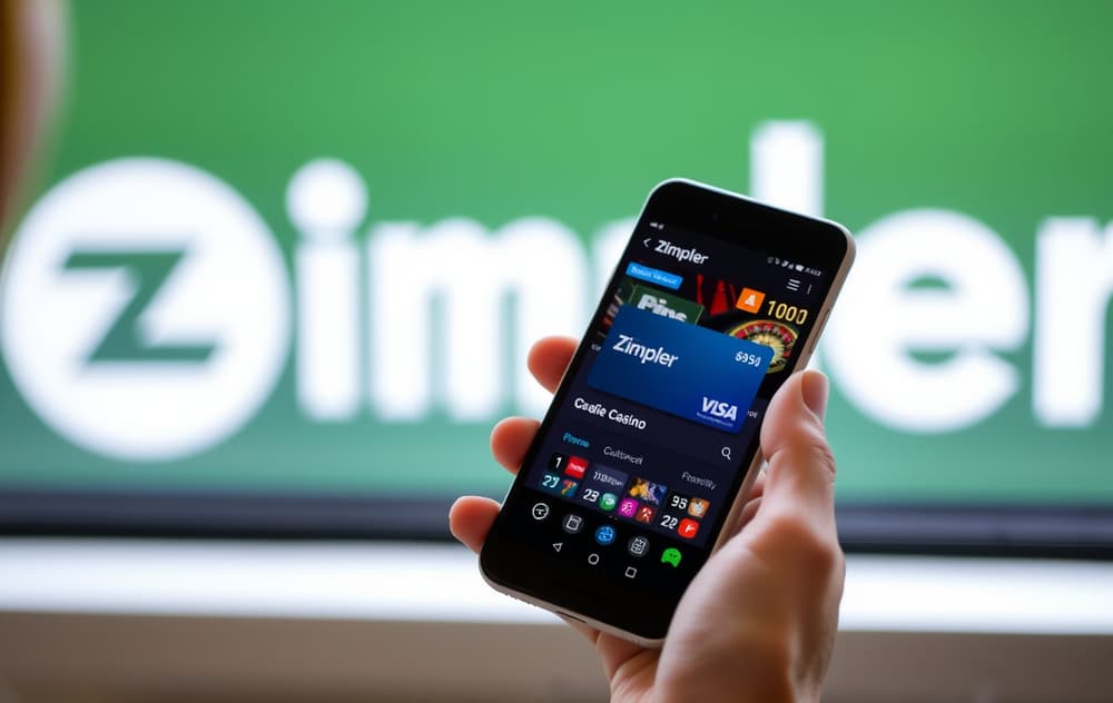 Person med mobiltelefon som viser Zimpler-betaling på et casino, med BankID-ikon i bakgrunnen.
