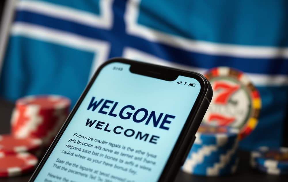 Nærbilde av mobilskjerm med velkomstbonus-tilbud, norsk flagg i bakgrunnen, spilleautomater og sjetonger uskarpe