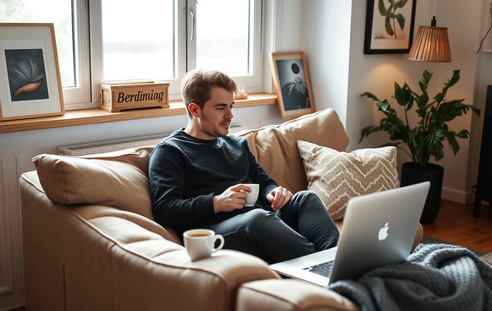 Person som sitter i stuen med laptop og vurderer nettcasino