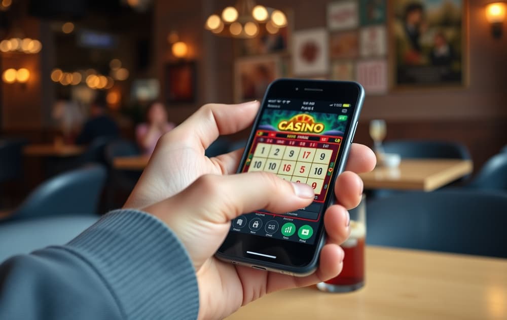 Hånd som holder mobil med casinospill synlig