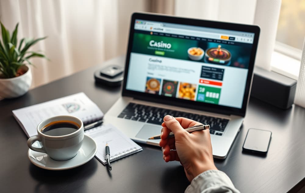 Skrivebord med laptop og notater for casinotesting