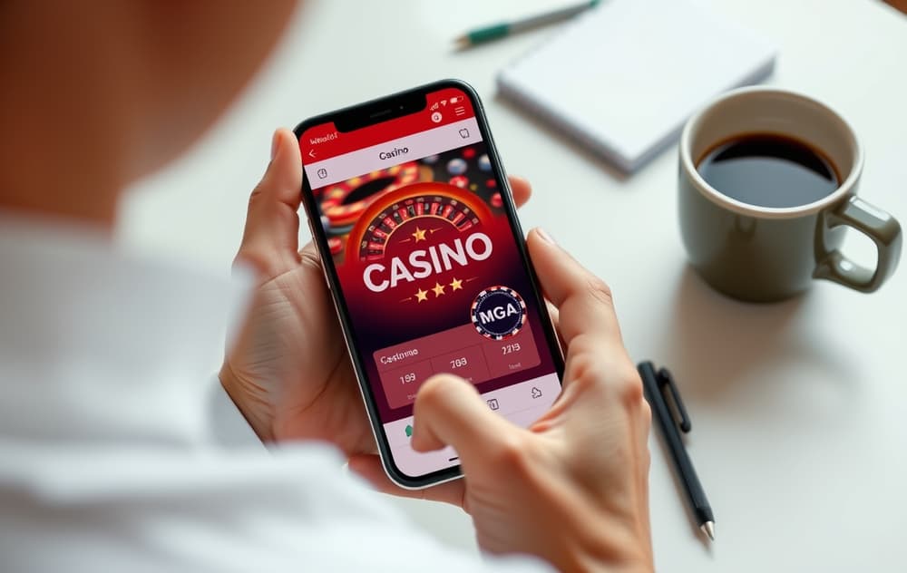 Person med smarttelefon som viser casino-app med MGA-lisenslogo, ved siden av kaffekopp og notatblokk.