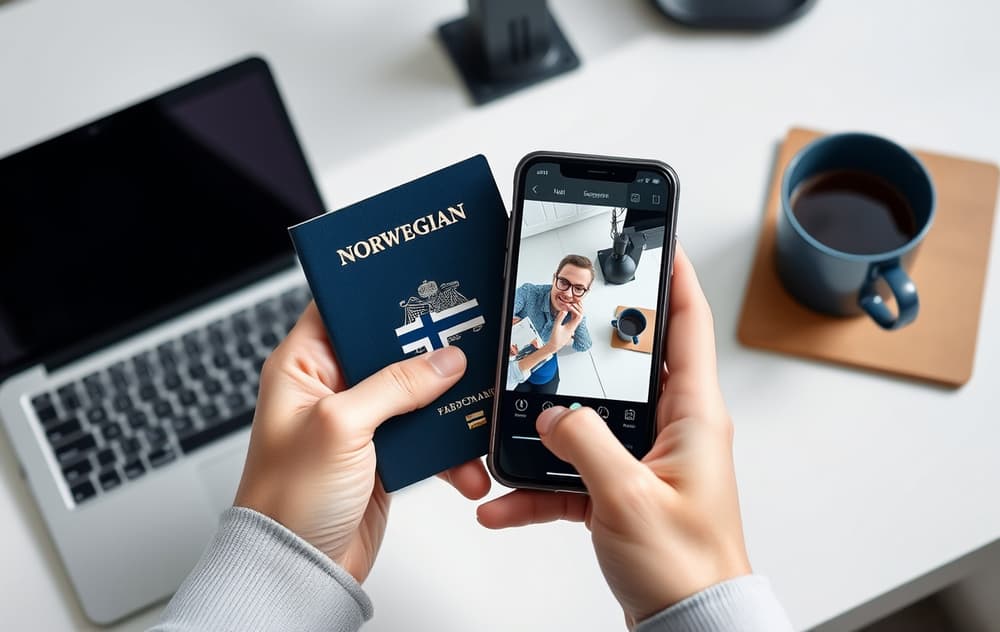 En person holder et norsk pass og en mobiltelefon med selfie for verifisering, på et skrivebord med laptop og kaffekopp.