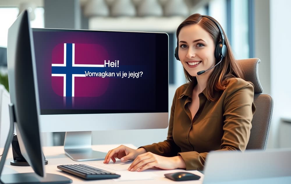 Kundeservicemedarbeider med headset foran en dataskjerm med live chat på norsk.