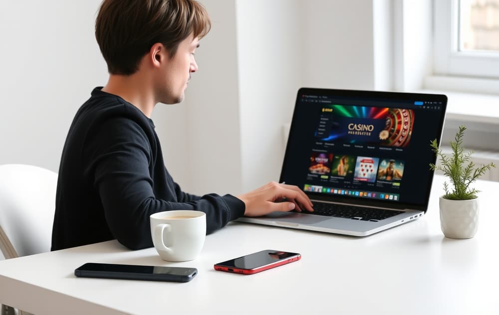 Person som sitter ved et skrivebord med laptop og mobil, og ser på et nettcasino.