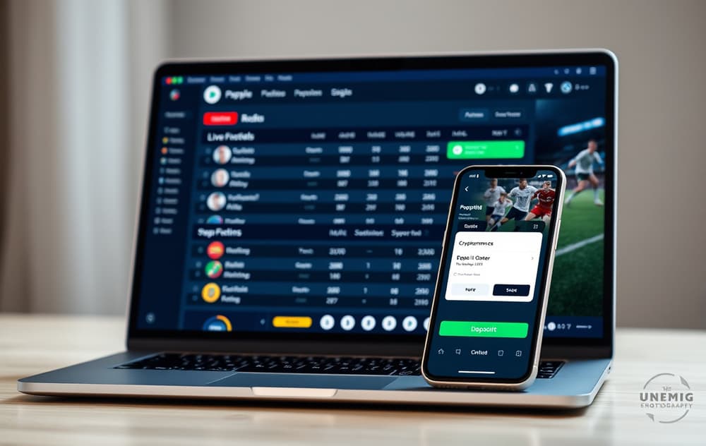 Skjermbilde av en bettingside med fotballodds og en mobil med kryptobetaling ved siden av.
