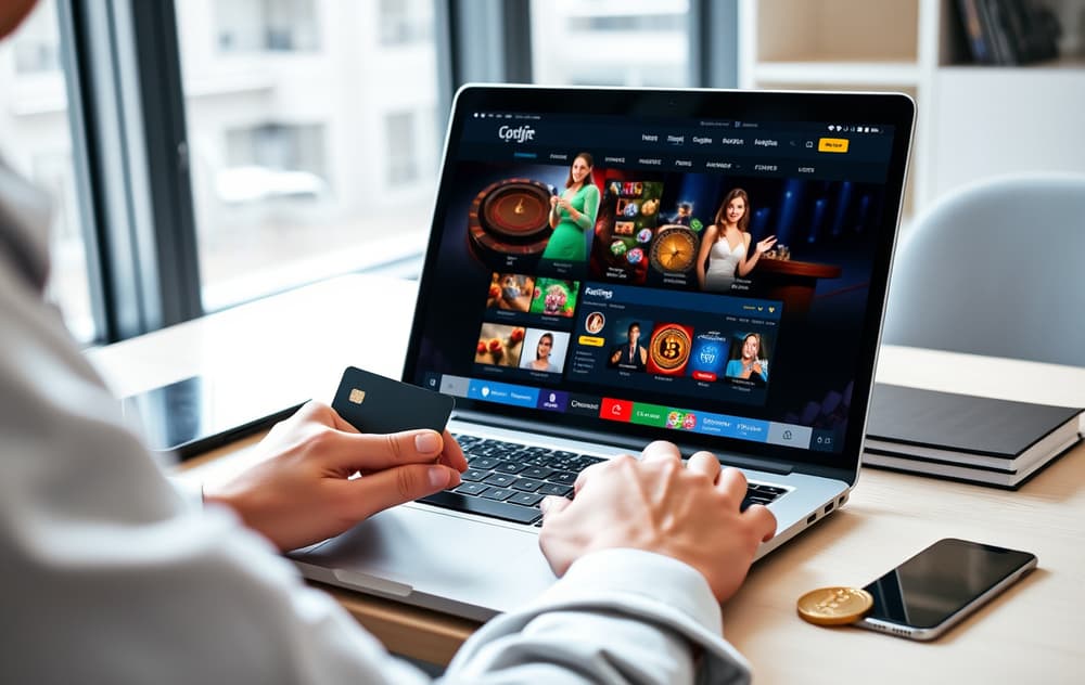 Person som sammenligner nettcasinoer på pc med kryptovaluta og kredittkort