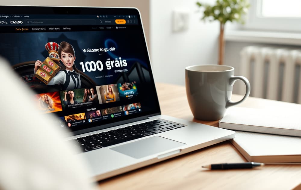 Gratis casino bonus på skjermen med kaffekopp og notatbok