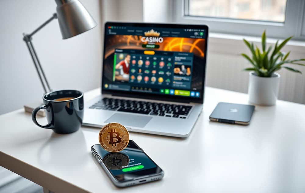 Moderne skrivebord med laptop som viser et kryptocasino, en Bitcoin-mynt og en smarttelefon med blockchain-transaksjon.