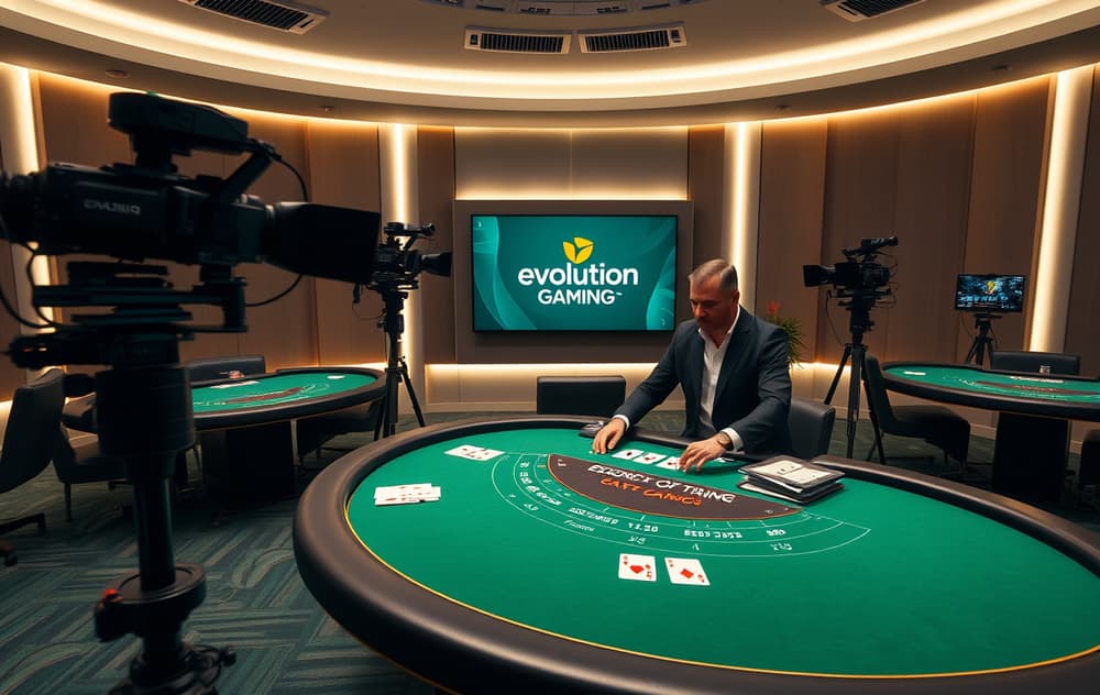 Live casino-studio med dealer i dress som deler kort ved blackjack-bord, HD-kameraer og Evolution Gaming-logo.