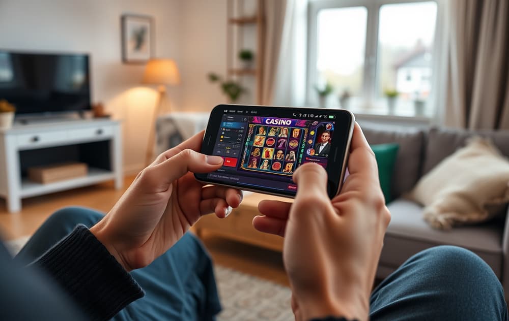 Person som spiller mobilcasino på smarttelefon i en stue
