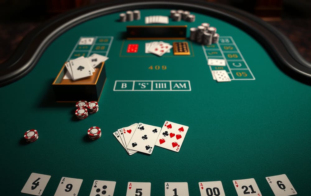 Baccarat-bord med kort og sjetonger sett ovenfra