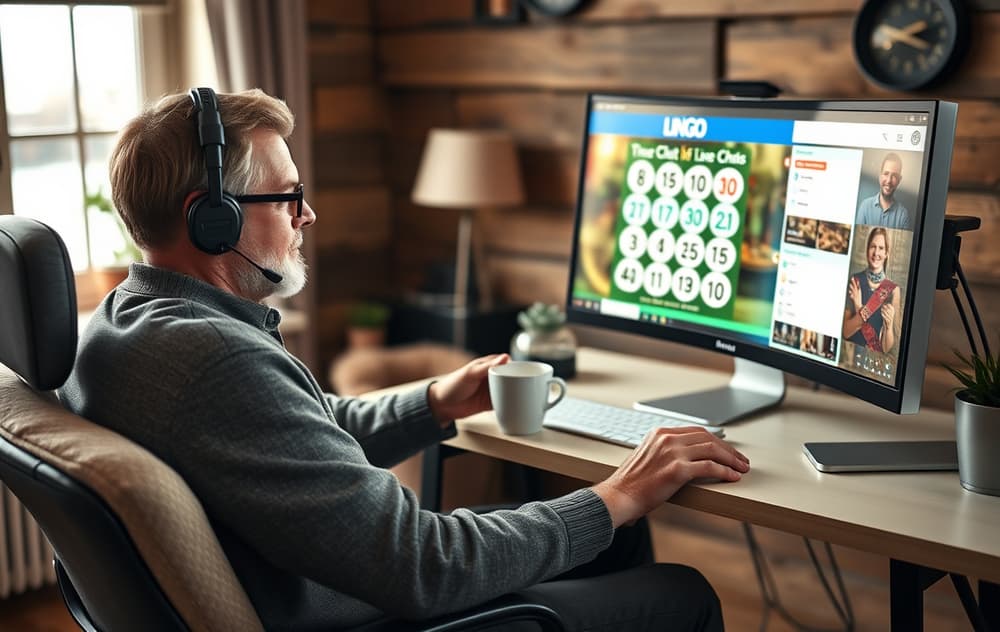 Norsk spiller som spiller bingo på nett hjemme, med bingobrett og chattevindu på skjermen.
