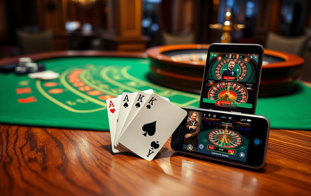 Bordspill casino – blackjack-hånd og roulettehjul med live-dealer på mobil