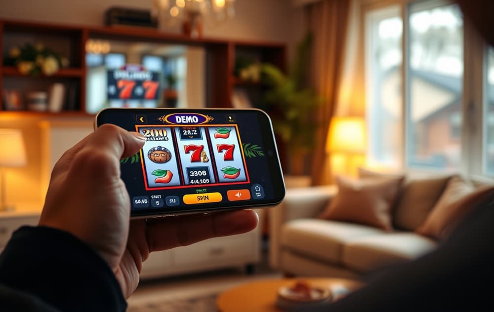 Person spiller en gratis spilleautomat i demomodus på mobiltelefon i stuen