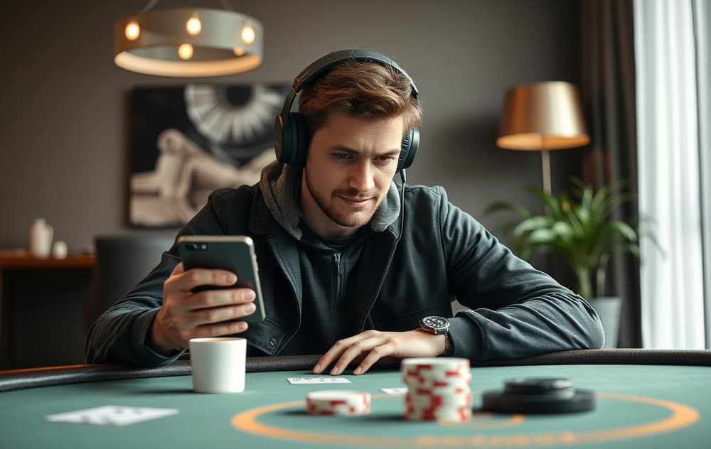 Ung mann spiller poker på mobilen i stuen, med kaffe og headset, skjermen viser pokerbord.